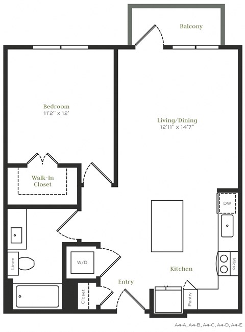 Floor plan for 1 bed, 1 bath, 702 sqft