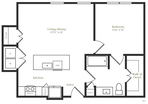 Floor plan for 1 bed, 1 bath, 738 sqft