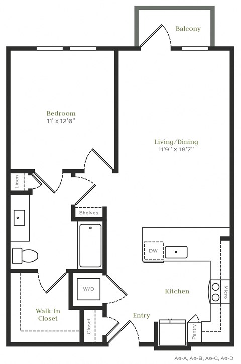 Floor plan for 1 bed, 1 bath, 758 sqft