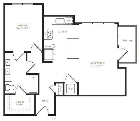 Floor plan for 1 bed, 1 bath, 799 sqft