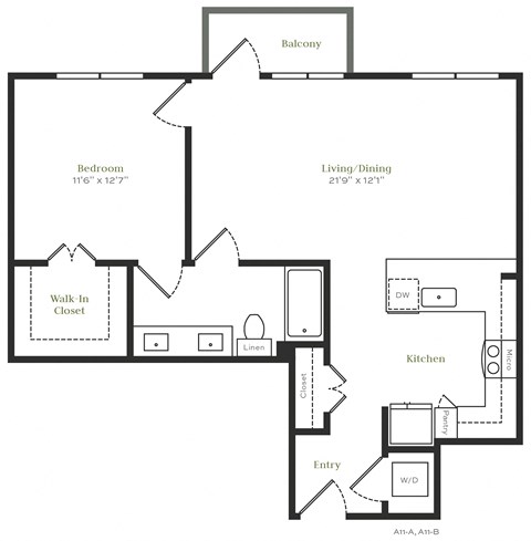 Floor plan for 1 bed, 1 bath, 825 sqft