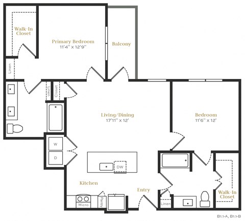 Floor plan for 2 beds, 2 baths, 1063 sqft