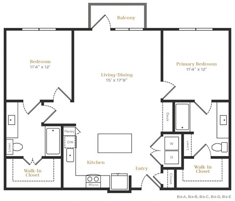 Floor plan for 2 beds, 2 baths, 1100 sqft