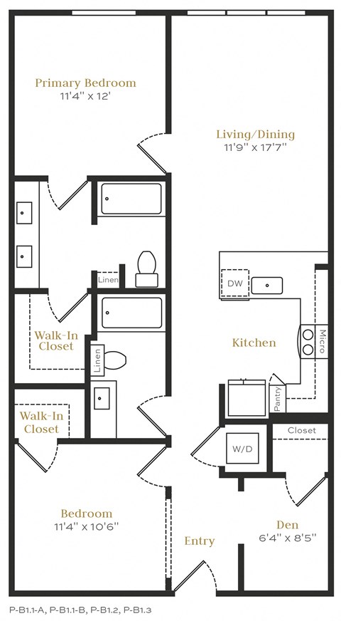 Floor plan for 2 beds, 2 baths, 1072 sqft