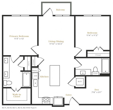 Floor plan for 2 beds, 2 baths, 1082 sqft