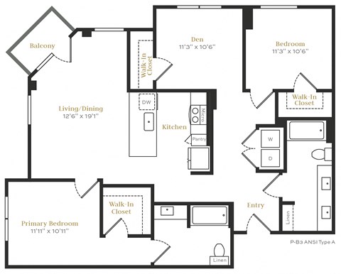 Floor plan for 2 beds, 2 baths, 1305 sqft
