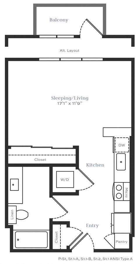 Floor plan for studio, 486 sqft
