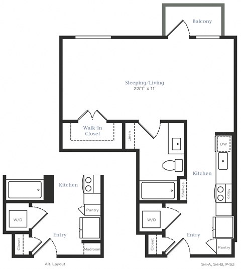 Floor plan for studio, 1 bath, 608 sqft