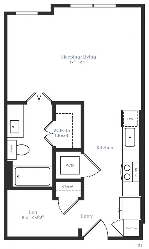 Floor plan for studio, 1 bath, 534 sqft