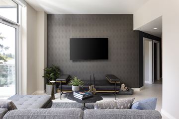 Sunnyvale apartment for rent - A modern living room with a grey sofa and a black television.