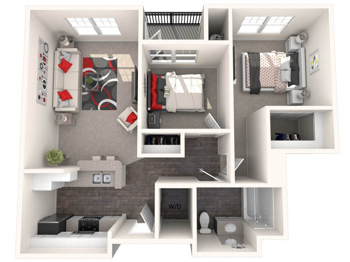 Floor plan for 2 beds, 1 bath, 808 sqft