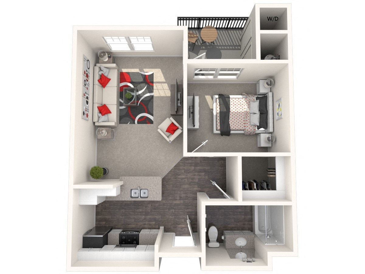 Floor plan for 1 bed, 1 bath, 601 sqft