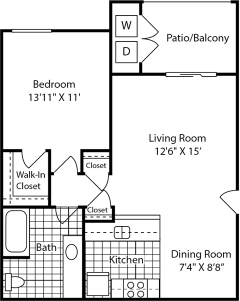 Floor plan for 1 bed, 1 bath, 670 sqft