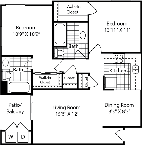Floor plan for 2 beds, 2 baths, 897 sqft