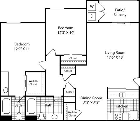 Floor plan for 2 beds, 2 baths, 995 sqft