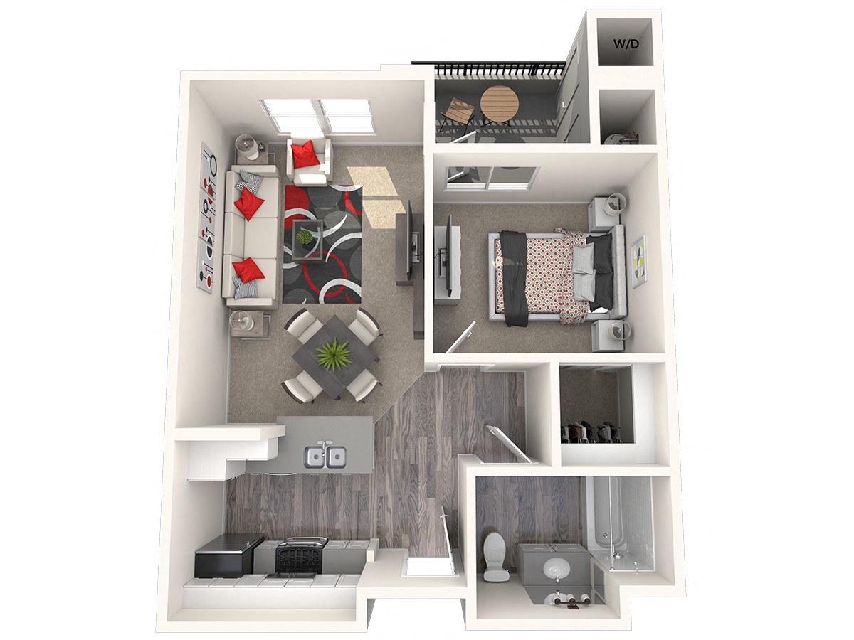 Floor plan for 1 bed, 1 bath, 613 sqft