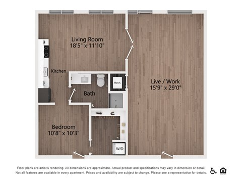 Floor plan for 1 bed, 1 bath, 991 sqft