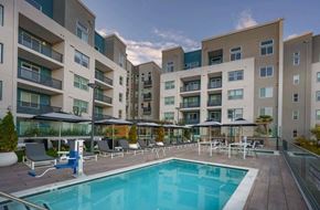 Walnut Creek apartment for rent - Resort-Style Pool and Spa with Lounge Chairs and View of Building Exterior at NoMa Apartments, Walnut Creek, CA, 94596