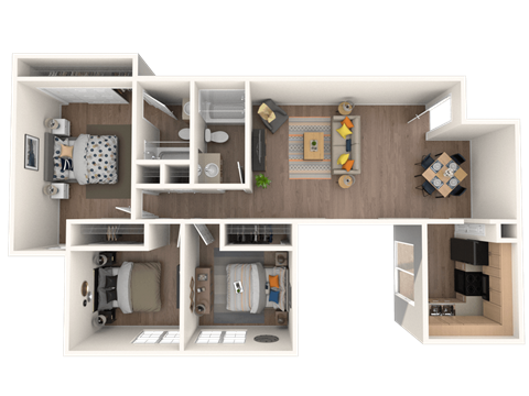 Floor plan for 3 beds, 2 baths, 1050 sqft