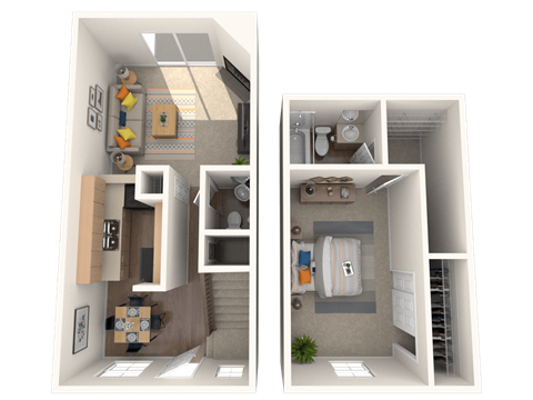 Floor plan for 1 bed, 1.5 baths, 734 sqft