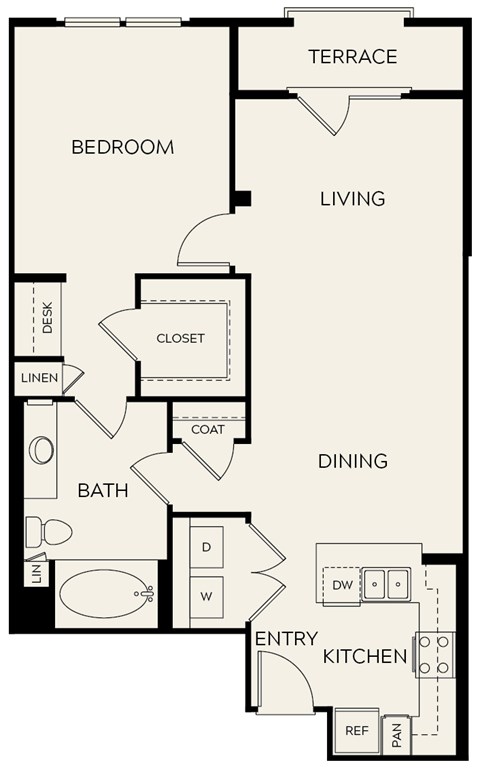Floor plan for 1 bed, 1 bath, 860 sqft