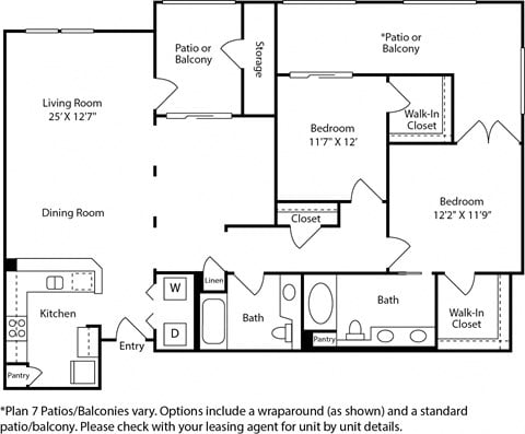 Floor plan for 2 beds, 2 baths, 1273 sqft