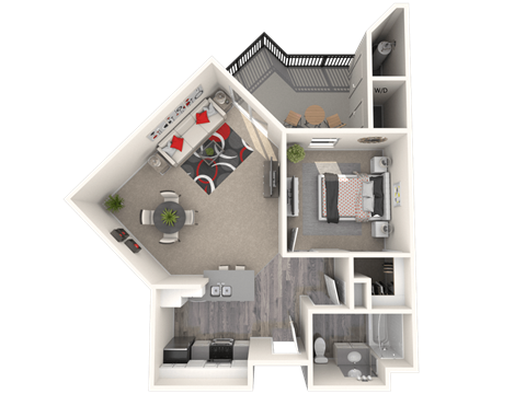 Floor plan for 1 bed, 1 bath, 653 sqft