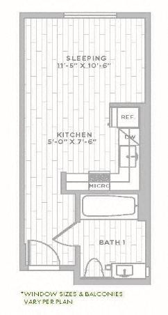 Floor plan for studio, 1 bath, 394 sqft