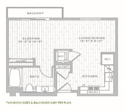 Floor plan for studio, 1 bath, 539 sqft