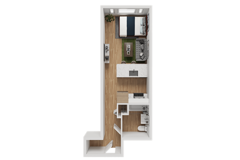 Floor plan for studio, 1 bath, 384 sqft