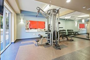 Van Nuys apartment for rent - A gym with a variety of equipment including a treadmill, weights, and a bench.at 6940 Sepulveda, Van Nuys, CA  
