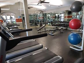 Norwalk apartment for rent - A gym with treadmills, dumbbells, and exercise balls.at Solterra At Civic Center, Norwalk, CA  