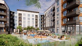 Monrovia apartment for rent - A group of people are sitting around a pool in a courtyard.at Trestle, Monrovia, 91016