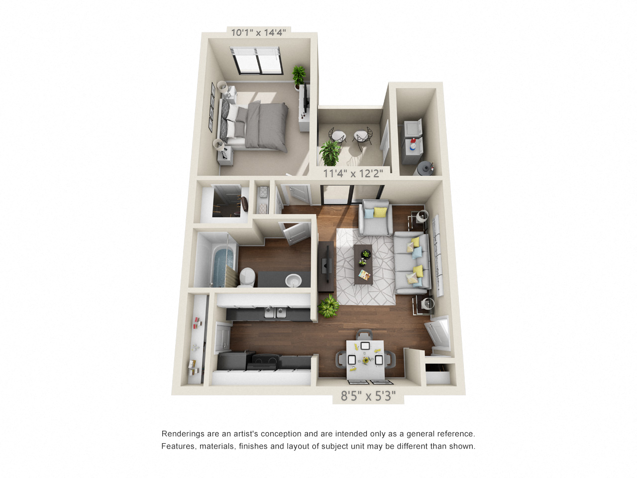 Floor plan for 1 bed, 1 bath, 615 sqft