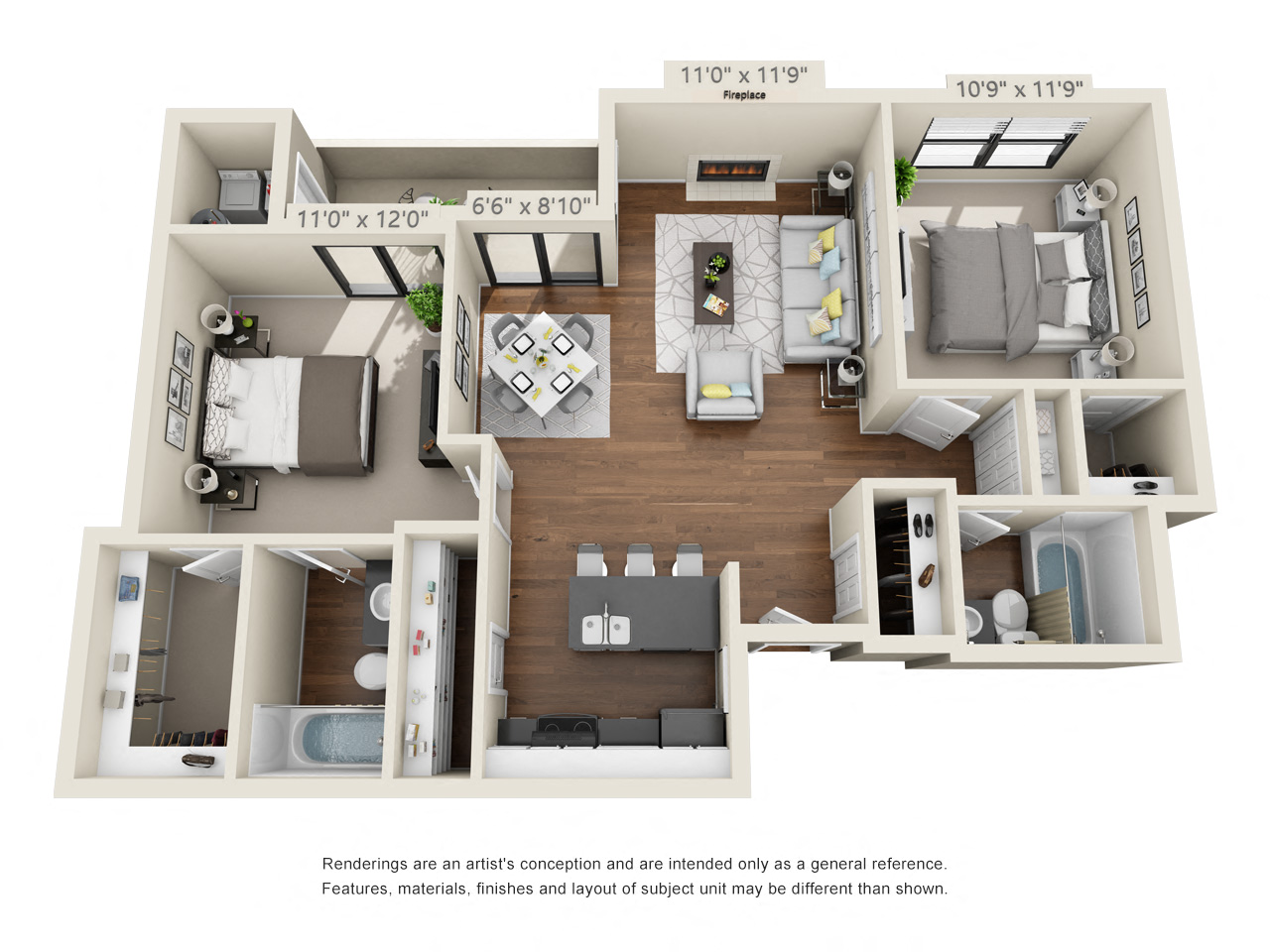 Floor plan for 2 beds, 2 baths, 911 sqft