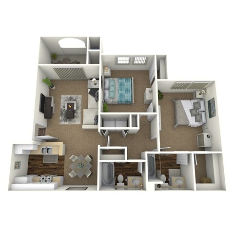 Floor plan for 2 beds, 2 baths, 995 sqft