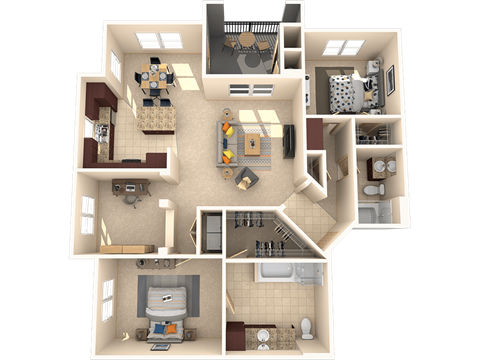 Floor plan for 2 beds, 2 baths, 1371 sqft
