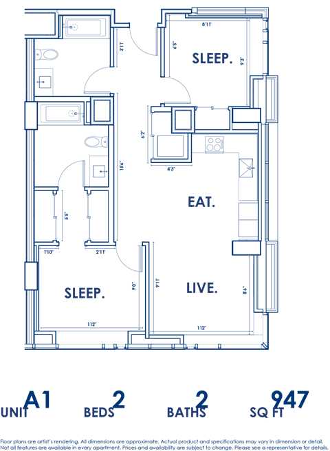 Floor plan for 2 beds, 2 baths, 947 sqft