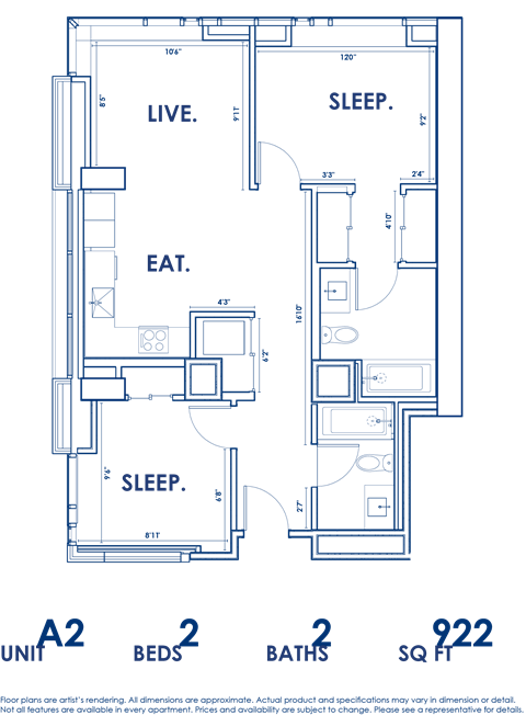 Floor plan for 2 beds, 2 baths, 922 sqft