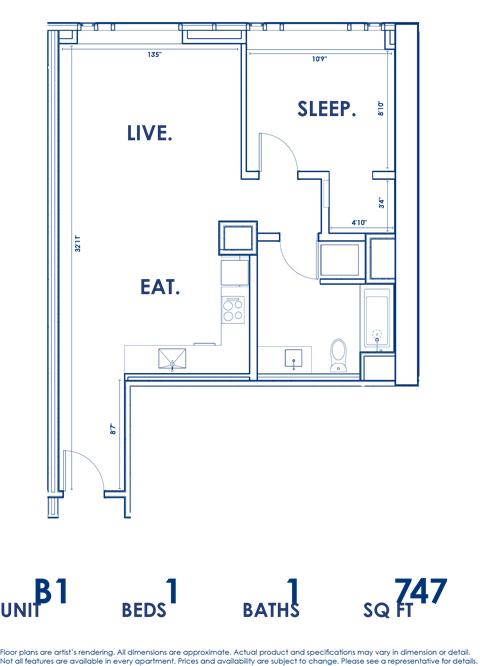 Floor plan for 1 bed, 1 bath, 747 sqft
