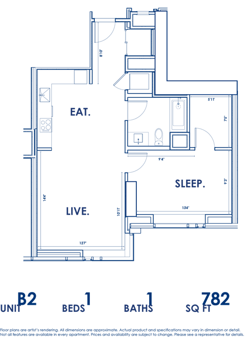 Floor plan for 1 bed, 1 bath, 782 sqft