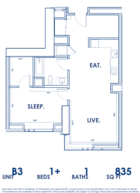 Floor plan for 1 bed, 1 bath, 835 sqft