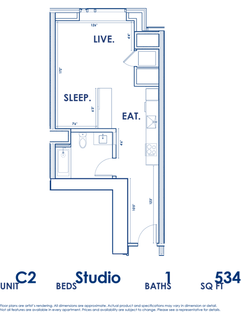 Floor plan for studio, 1 bath, 534 sqft