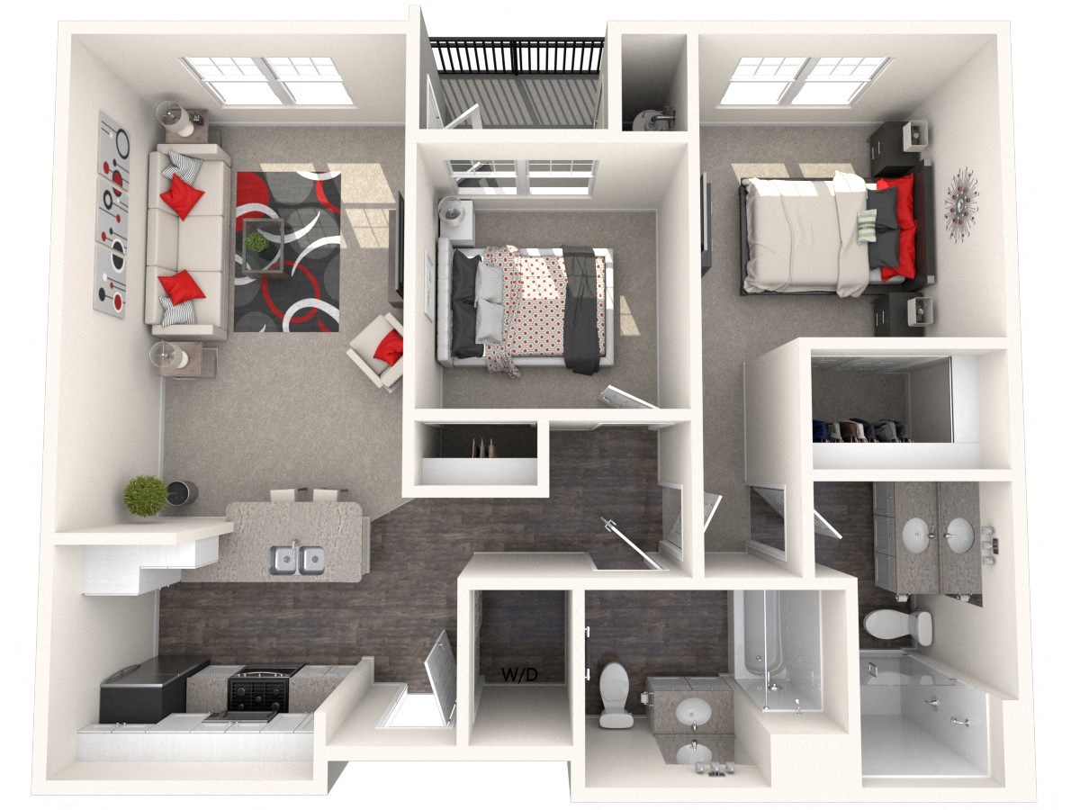 Floor plan for 2 beds, 2 baths, 872 sqft