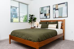 West Sacramento apartment for rent - A bedroom with a bed, pillows, a plant, and two paintings on the wall.