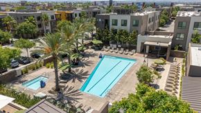 Redlands apartment for rent - A pool surrounded by palm trees and buildings.