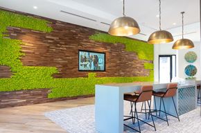 Corona apartment for rent - a dining room with a table and chairs and a wall with grass on it