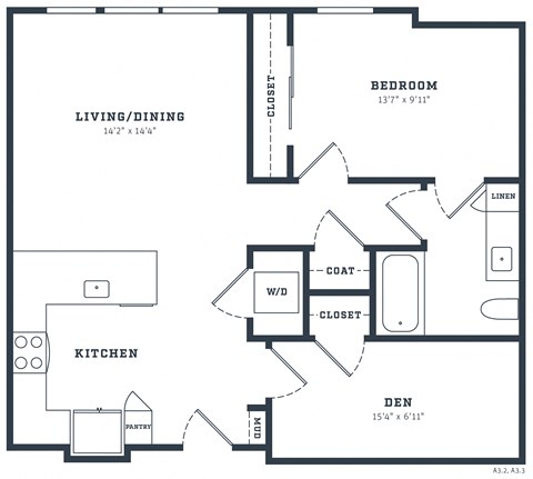 Floor plan for 1 bed, 1 bath, 902 sqft
