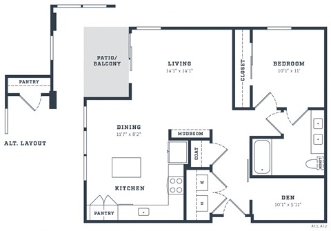 Floor plan for 1 bed, 1 bath, 917 sqft