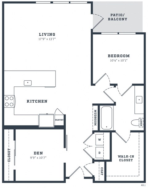 Floor plan for 1 bed, 1 bath, 1047 sqft